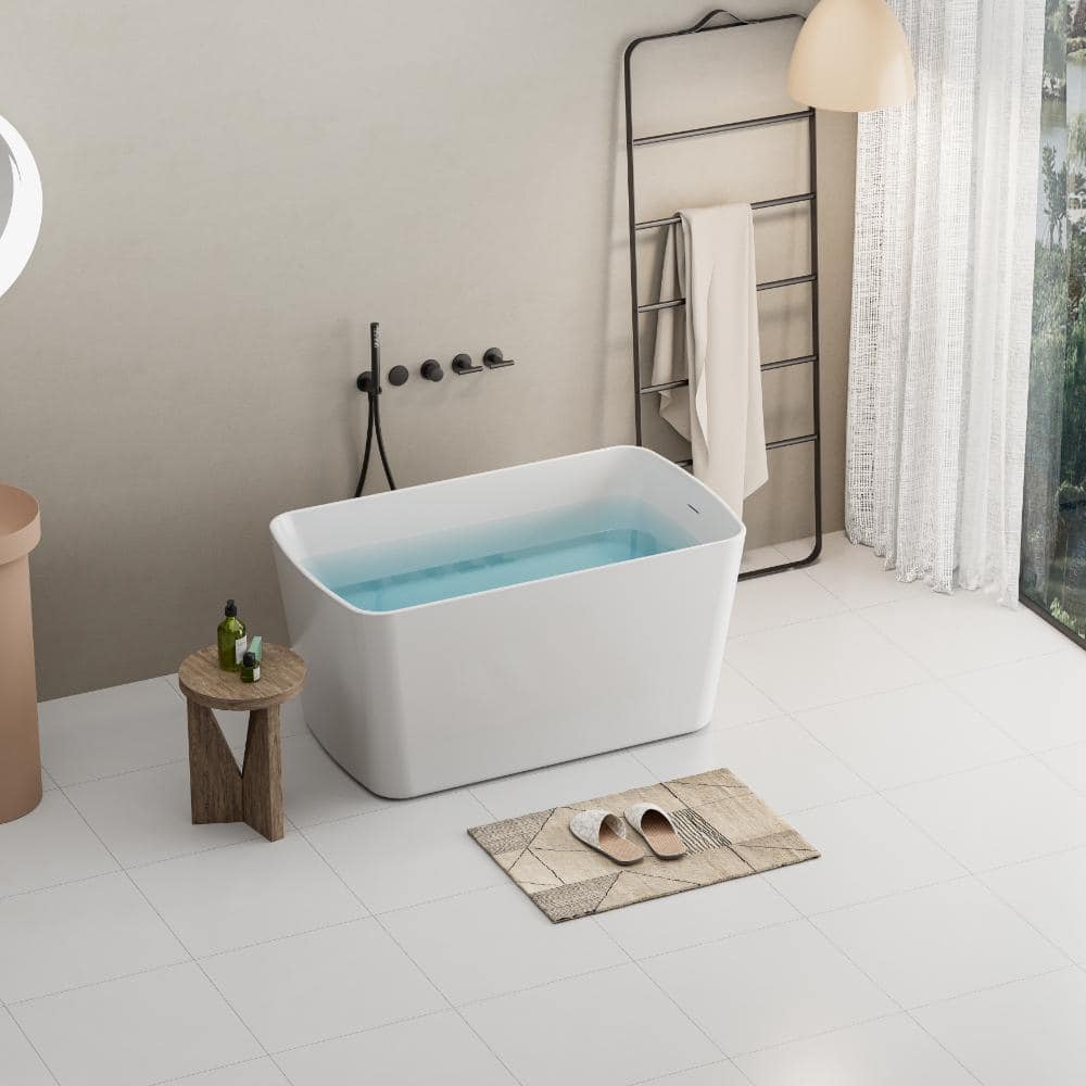 Aionor Compact Freestanding Soaking Bathtub Acrylic Flat Bottom with Overflow and Quick Drain (2)