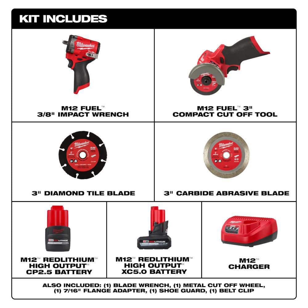 Milwaukee M12 FUEL 12V Li-Ion Brushless Cordless Stubby 3/8 in. Impact Wrench Kit with Cut Off Saw, (1)5.0Ah & (1)2.5 Ah Batteries (2)