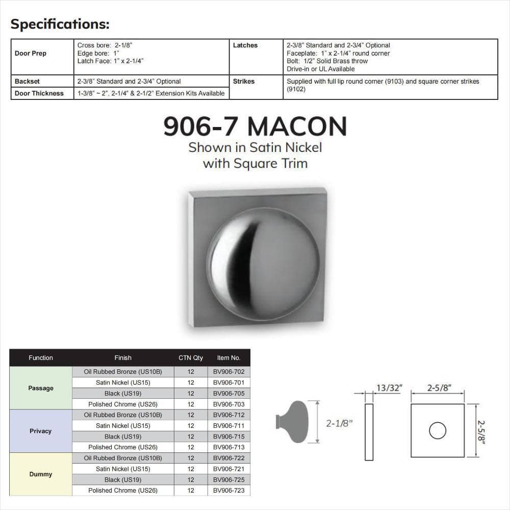 DELANEY HARDWARE Bravura Macon 906-7 Dummy Door Knob Black w/Square Trim (3)