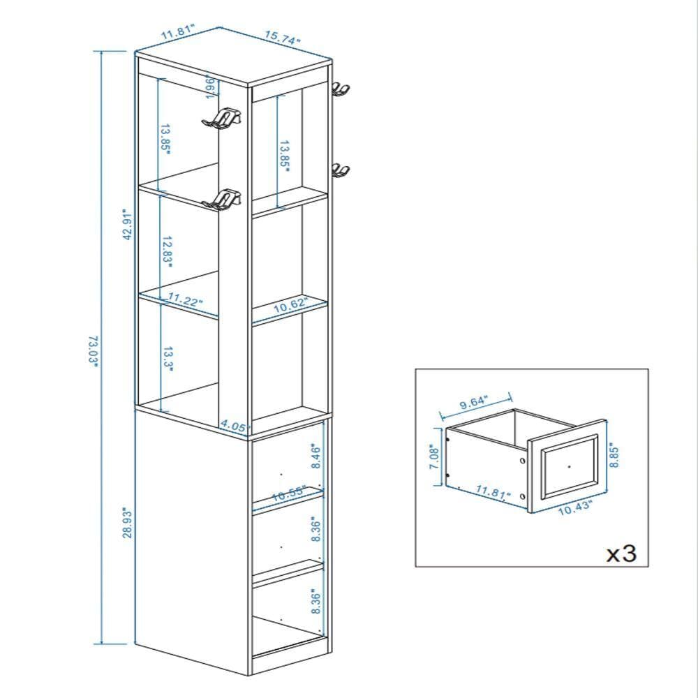 XUJMK 16 in. W x 12 in. D x 73 in. H Linen Cabinet, 3-Tier Tall Slim Storage Cabinet with 3 Drawers, 2 Hooks, Antique White (2)