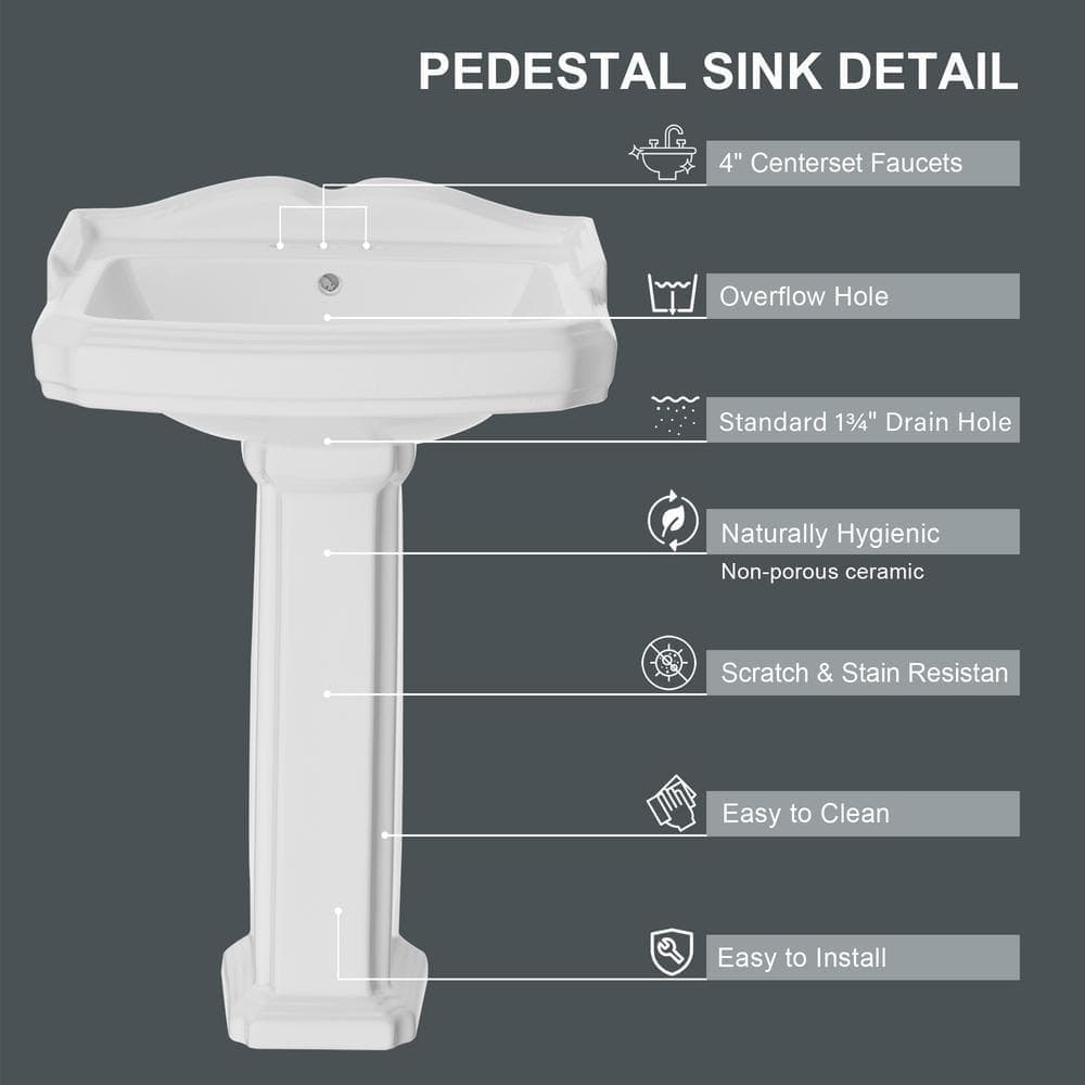 HOMLYLINK Pedestal Sink White Vitreous China Rectangular Pedestal Bathroom Sink with Overflow Pedestal Sinks for Bathrooms Combo (3)