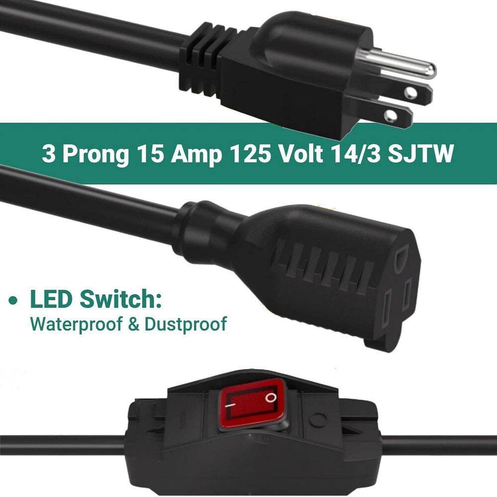 HIITIO Heavy-Duty Power Extension Cable 1.5 ft. 14 / 3 SJTW Outdoor Extension Cord with Waterproof On/Off Switch, Black (2)