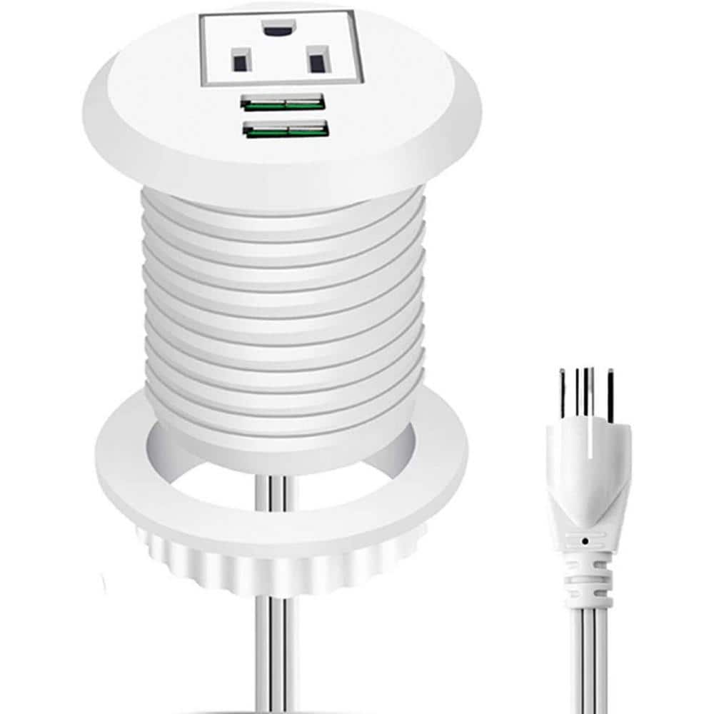 Ahfiwaso 1-Outlet AC Desktop Power Grommet with 2-USB Ports and 6.56 ft. Cable Fire Resistant in White