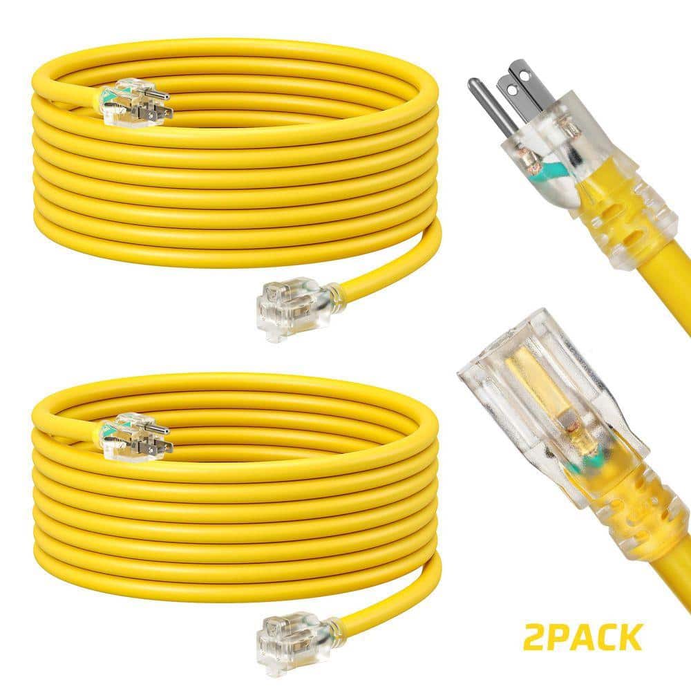 DEWENWILS 15 ft. 16 / 3 Gauge 3 Prong Outlet with Indicator Light SJTW Indoor/Outdoor Extension Cord, Yellow, ETL Listed, 2 Pack