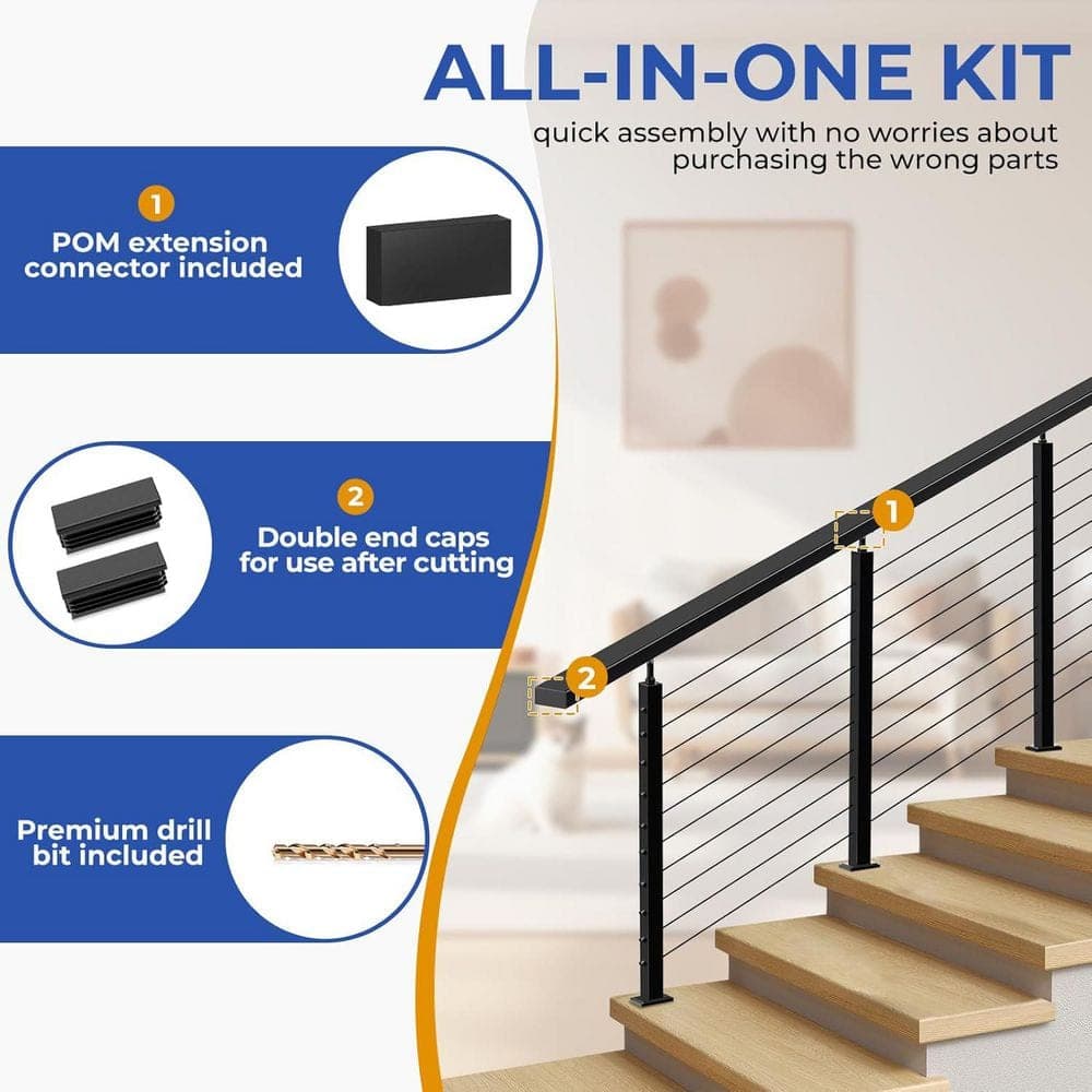 Afoxsos Stainless Steel T304 Black 6 ft. 6 in. Handrail with Extension Connectors End Cap Kits for Cable Stair Railing 2-Pack (3)