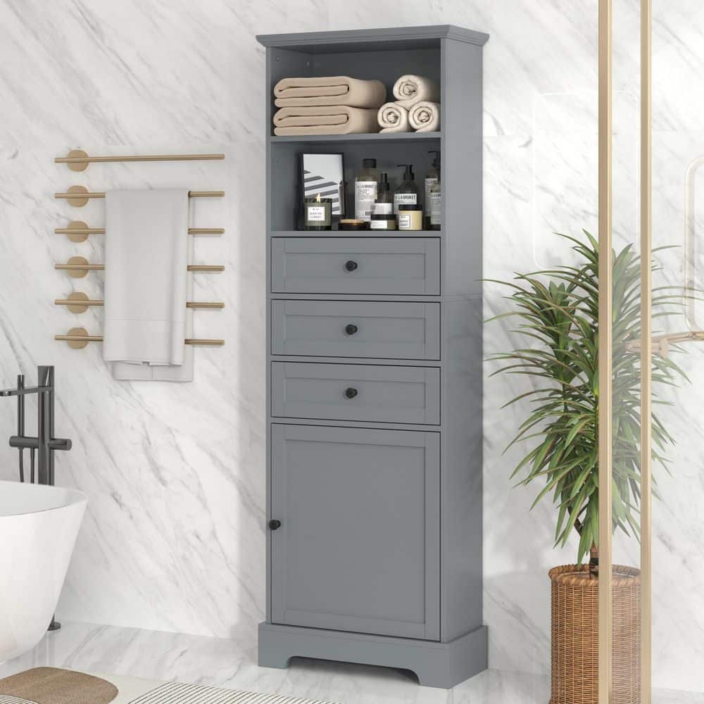 Dueyeeri 22 in. W x 10 in. D x 67 in. H Gray MDF Linen Cabinet with Three Drawers and Adjustable Shelves in Gray (1)