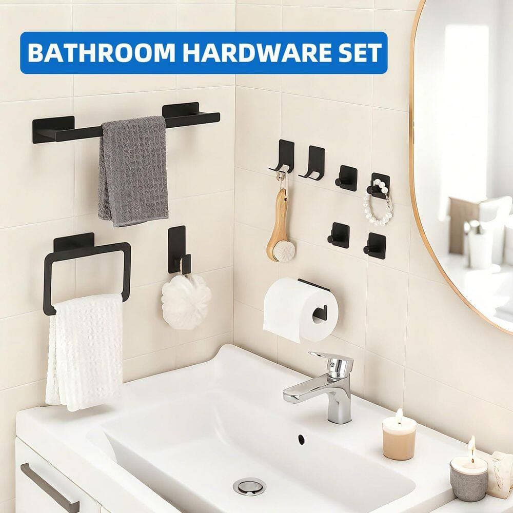 Anqtovp 10-Piece Bathroom Hardware Set with Towel Bar, Hooks, Toilet Paper Holder, Towel Ring in Matte Black Finish (2)