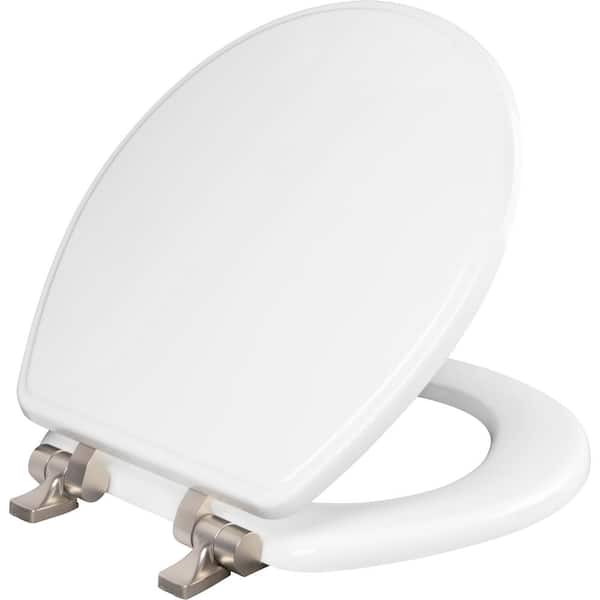 BEMIS Weston Round Soft-Close Never-Loosens Brushed-Nickel-Hinge Enameled Wood Toilet Seat in White