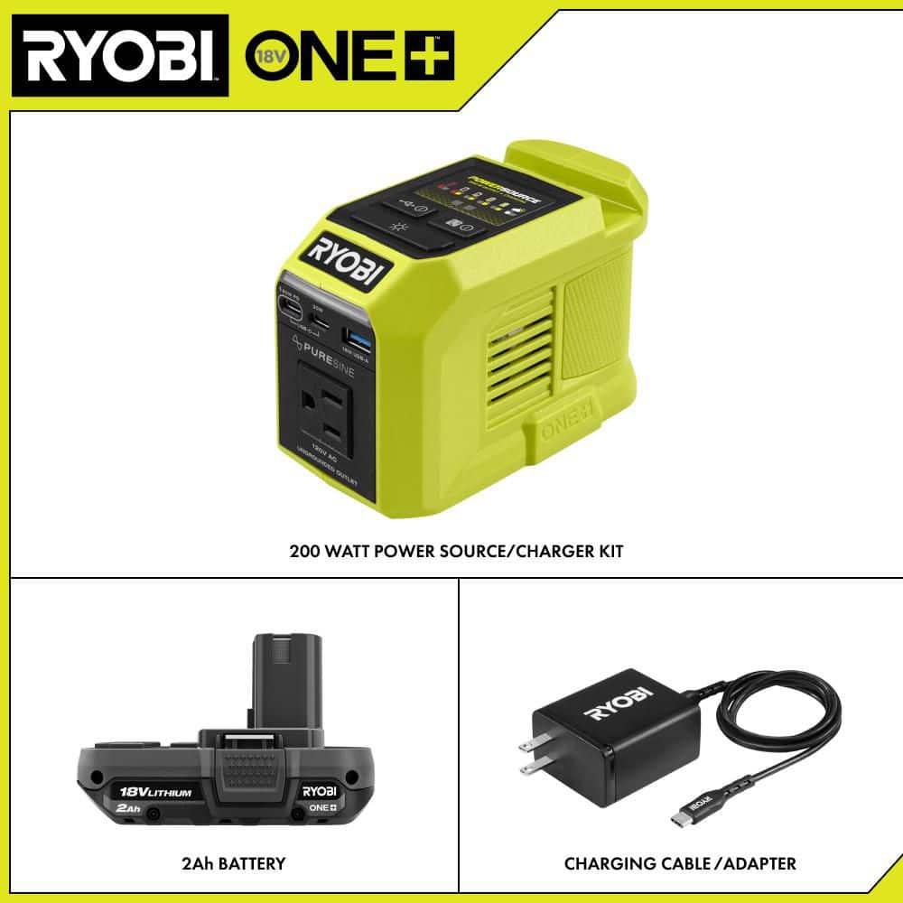 RYOBI (2)18V ONE+ 200-Watt Portable Battery Inverter Power Sources and Charger for 18V ONE+ Batteries with (1) 2. 0Ah Battery (3)