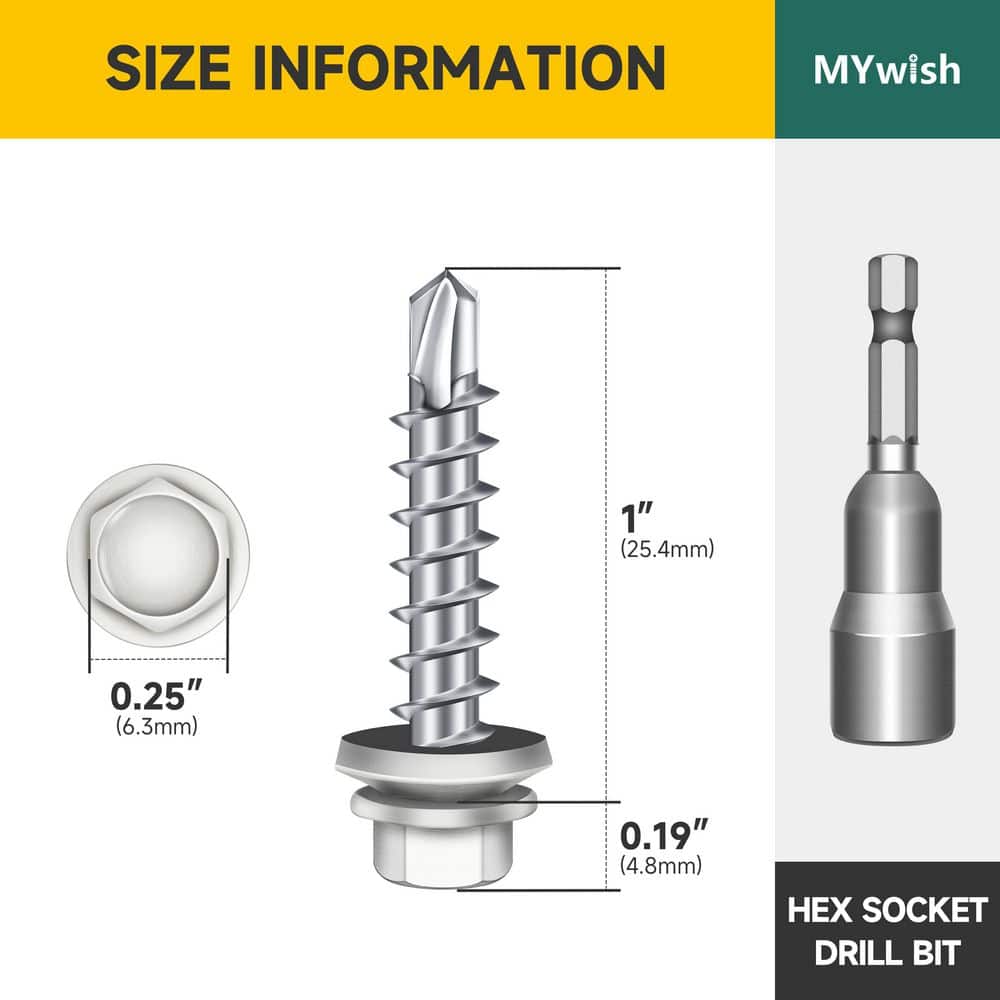 MYWISH #10 x 1 in. White Galvanized Hex Head Self Drilling Metal Roofing Screws with EPDM Rubber Washer (50-Piece/Case) (2)