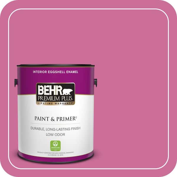 BEHR PREMIUM PLUS 1 gal. #100B-6 Fuchsia Kiss Semi-Gloss Enamel Low Odor Interior Paint & Primer (2)