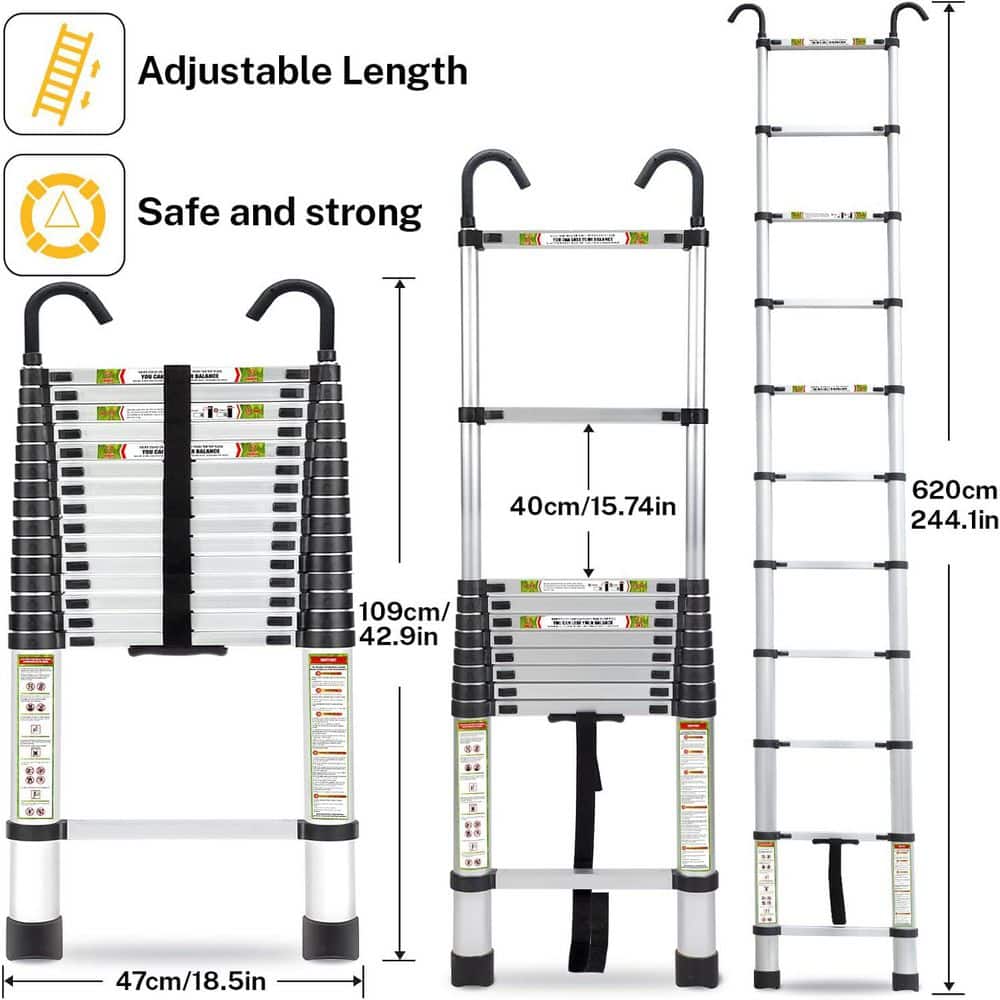 Unbranded 20.34 ft. Aluminum Telescoping Ladder with Stable Hook and Non-Slip Feet (2)