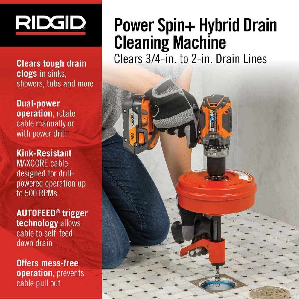 RIDGID Power Spin+ 1/4 in. x 25 ft. Hybrid Drain Cleaning Snake Auger (Manual or Cordless Drill Operated, Tool Only) (4)