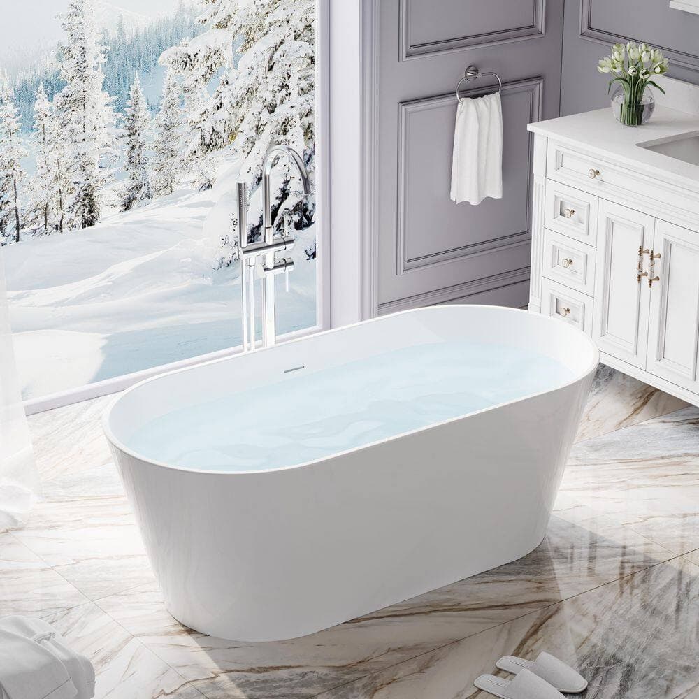 FORCLOVER 60 in. x 29 in. Freestanding Soaking Bathtub with Center Drain and Groove Overflow in White/Polished Chrome (2)