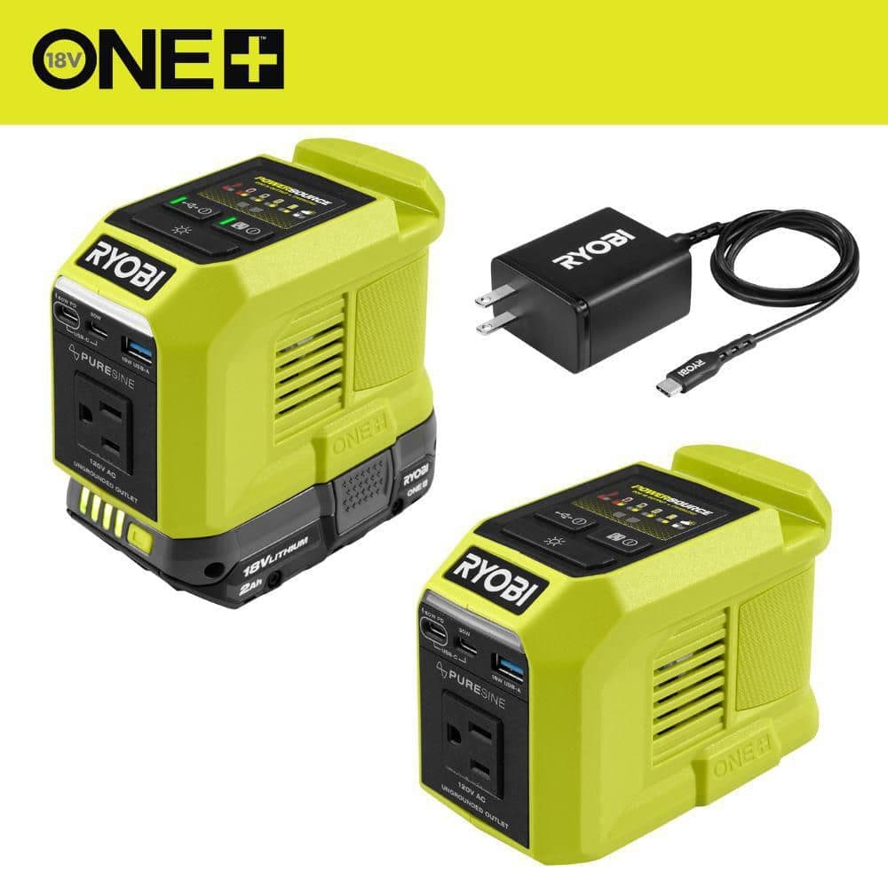 RYOBI (2)18V ONE+ 200-Watt Portable Battery Inverter Power Sources and Charger for 18V ONE+ Batteries with (1) 2. 0Ah Battery