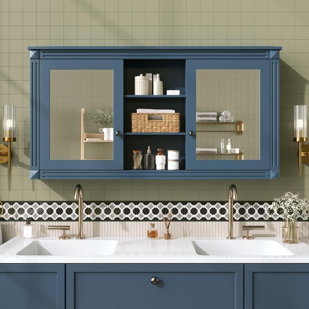 FAMYYT 55 in. W x 28 in. H Blue Rectangular Surface Mount Medicine Cabinet with Mirror, Adjustable Shelves