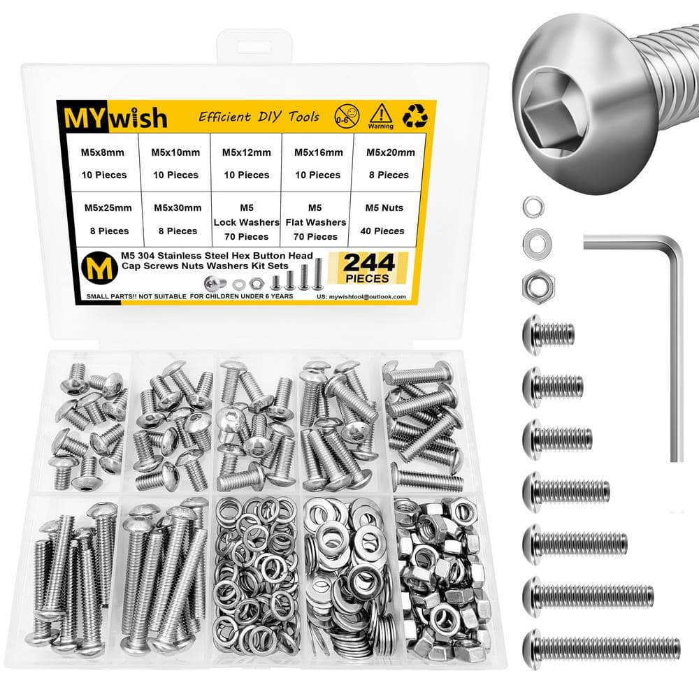 MYWISH 244-Piece M5 Stainless Steel Button Head Hex Socket Cap Screw Assortment Kit with Nuts and Washers (1)