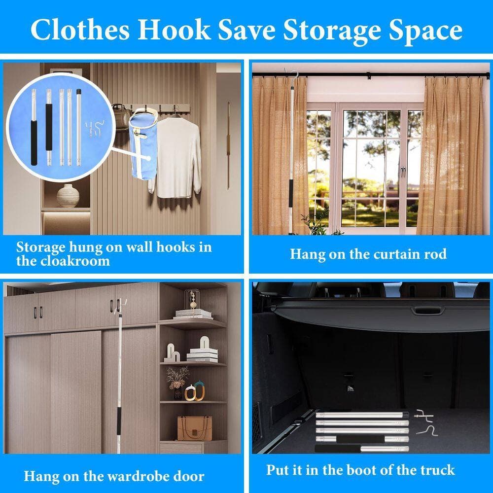 Misopily 32 to 80 in. Clothes Hook Pole Heavy Duty Retail Clothing Hook Pole with 2 Hooks Hanging Birdfeeder Extension (2)