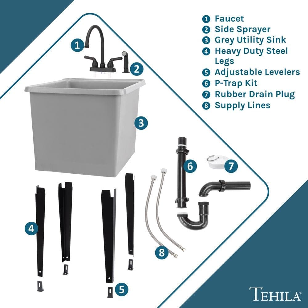 TEHILA 17.75 in. x 23.25 in. Thermoplastic Freestanding Space Saver Utility Sink in Grey - Black Faucet, Side Sprayer (2)