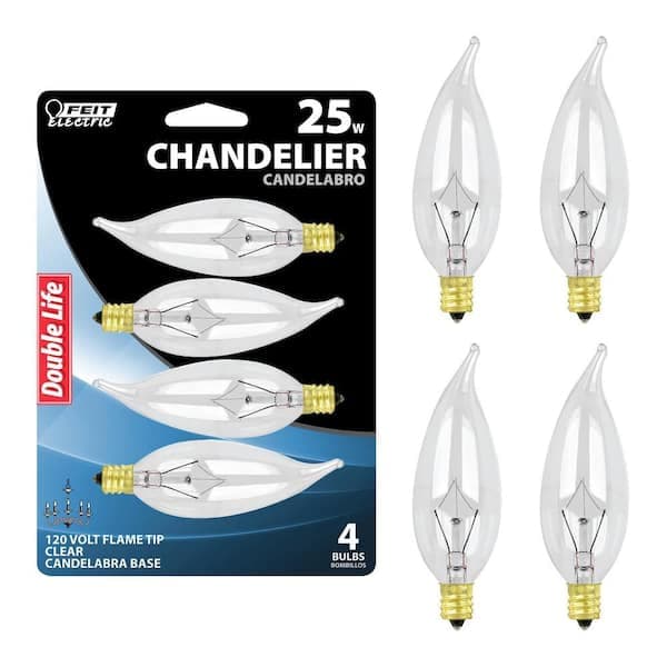 Feit Electric 25-Watt B10 E12 Clear Flame Tip Double Life Incandescent Light Bulb, Soft White 2700K (4-Pack)