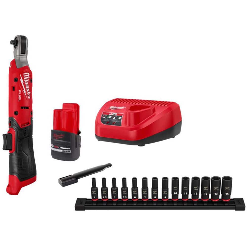 Milwaukee M12 12V Lithium-Ion 1/4 in. Cordless Ratchet Kit with Battery, Charger with Metric Impact Socket Set (14-Piece)