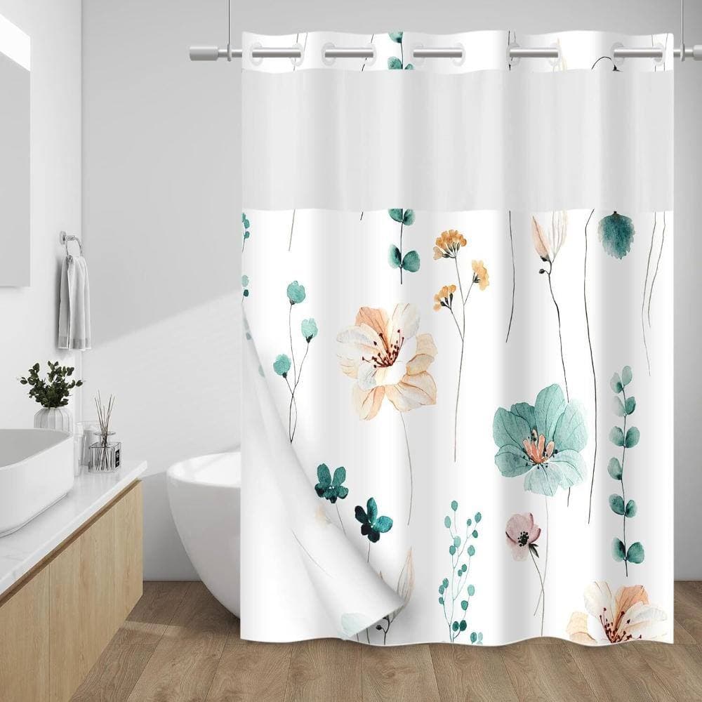 Unbranded Floral No-Hook Shower Curtain with Snap-In Liner,Teal (3)