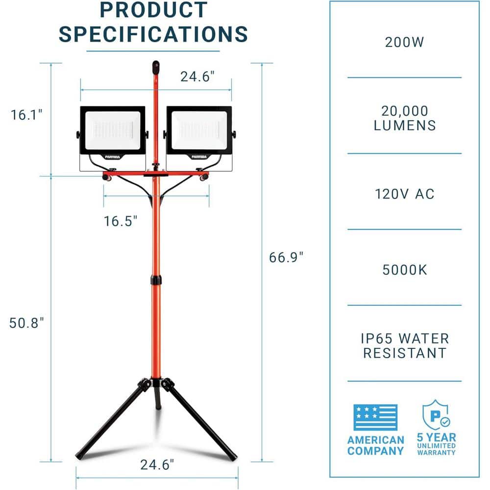 Lukyamzn 120V 20000 Lumens LED 200W Dual Head Work Light, Waterproof with 6 ft. Adjustable Tripod Stand and Detachable Heads (2)