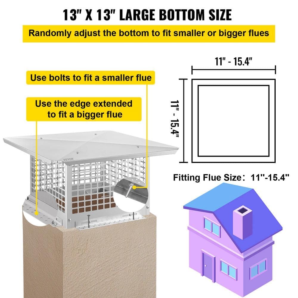 VEVOR Chimney Cap 13 in. x 13 in. Flue Caps 304 Stainless Steel Fireplace Chimney Cover Chimney Flue Cover (3)