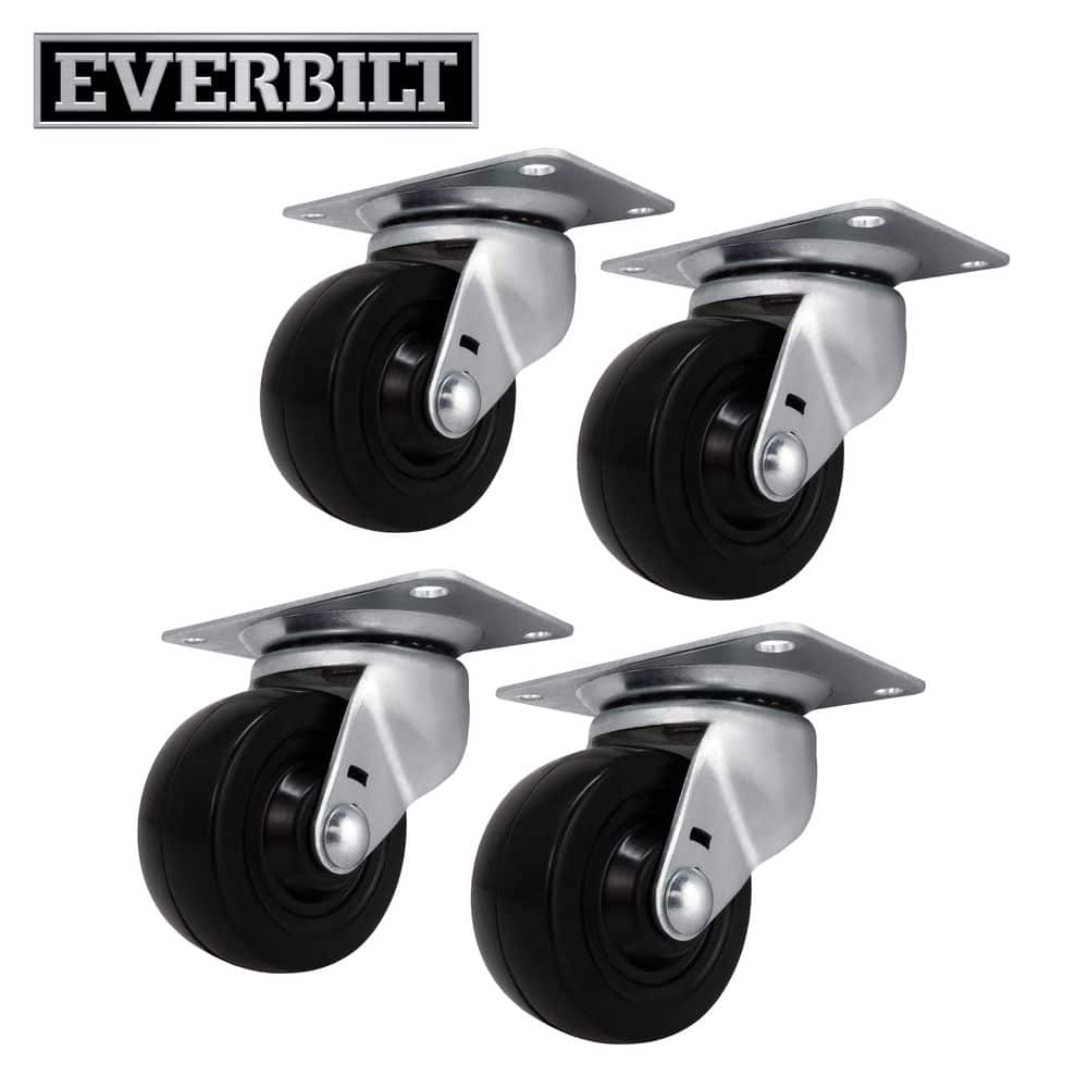 Everbilt 3 in. Black Soft Rubber and Steel Swivel Plate Casters with 175 lbs. Load Rating 4 Pack