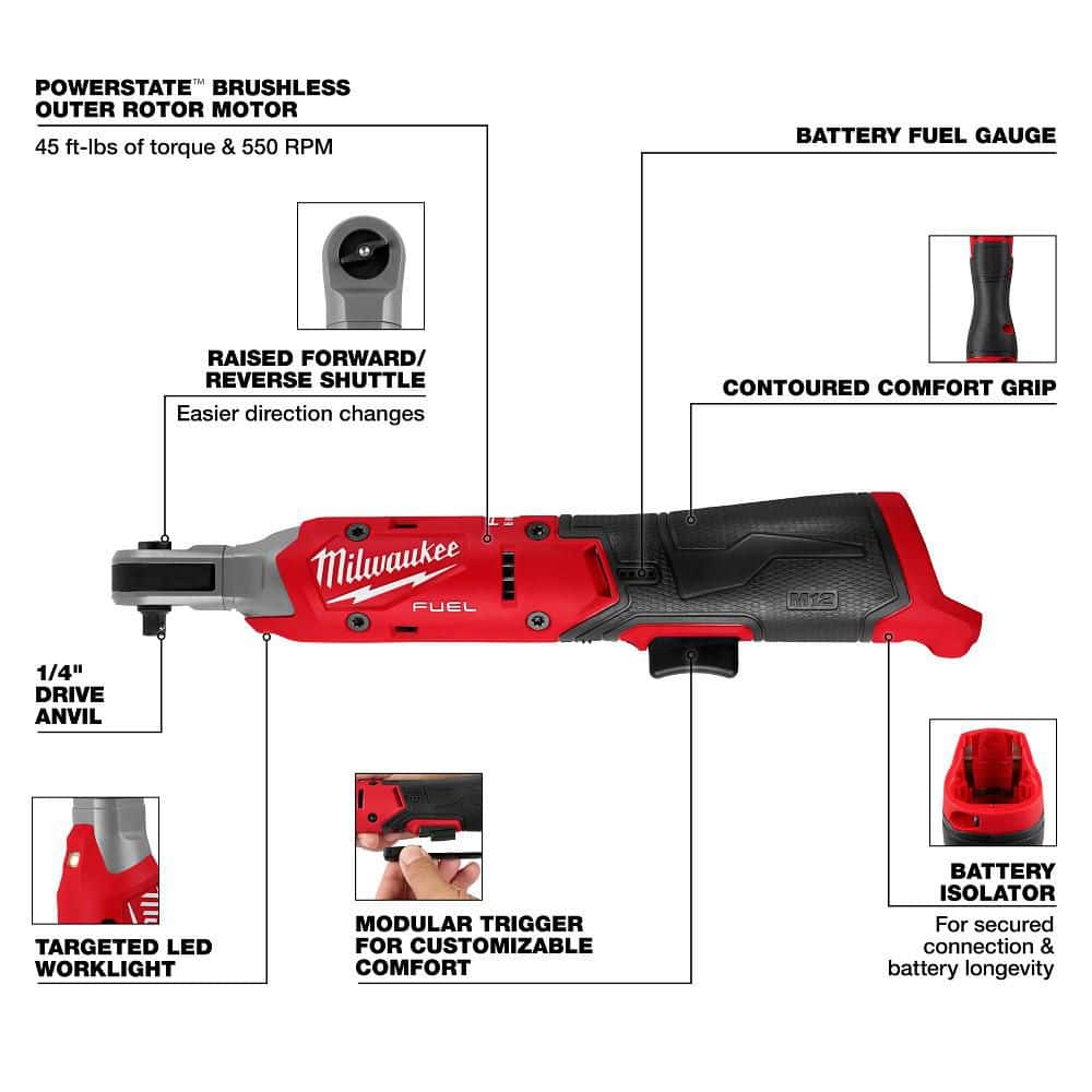 Milwaukee M12 FUEL 12V Lithium-Ion Compact 1/4 in. Cordless Ratchet (Tool-Only) (4)