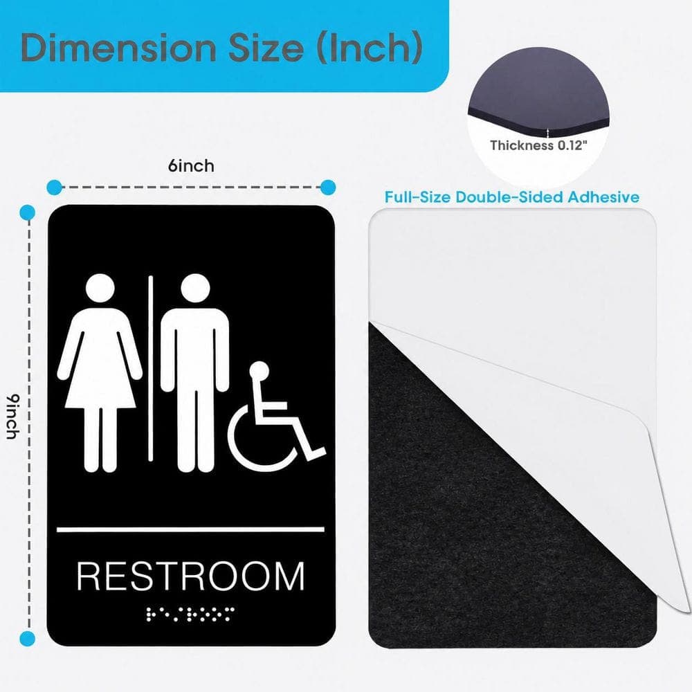 LAIFUCAM 9x6 in. Acrylic ADA-Compliant Braille Restroom Sign Black White Handicap Bathroom Sign with Self-Adhesive (2)