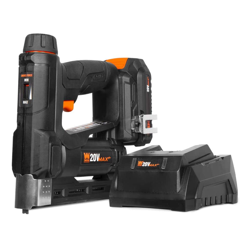 WEN 20V Max Cordless 2-in-1 5/8 in. 18-Gauge Brad Nailer & T50 Crown Stapler w/ 2. 0Ah Battery and Charger (20539) (1)