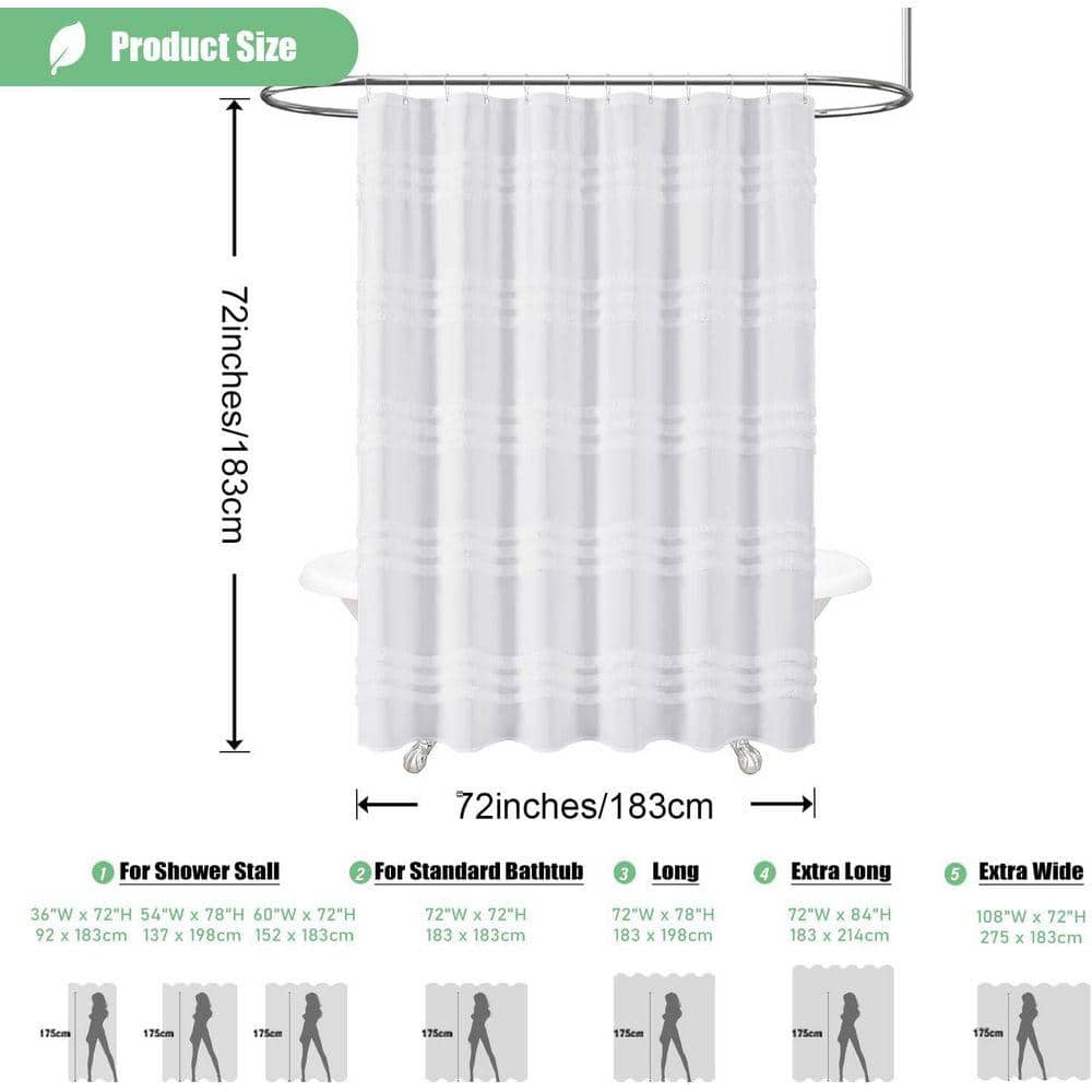 Unbranded White Fabric Shower Curtain 72 x 72 Tufted Chenille Striped Textured Cloth Waterproof Set with Hooks Machine Washable (2)