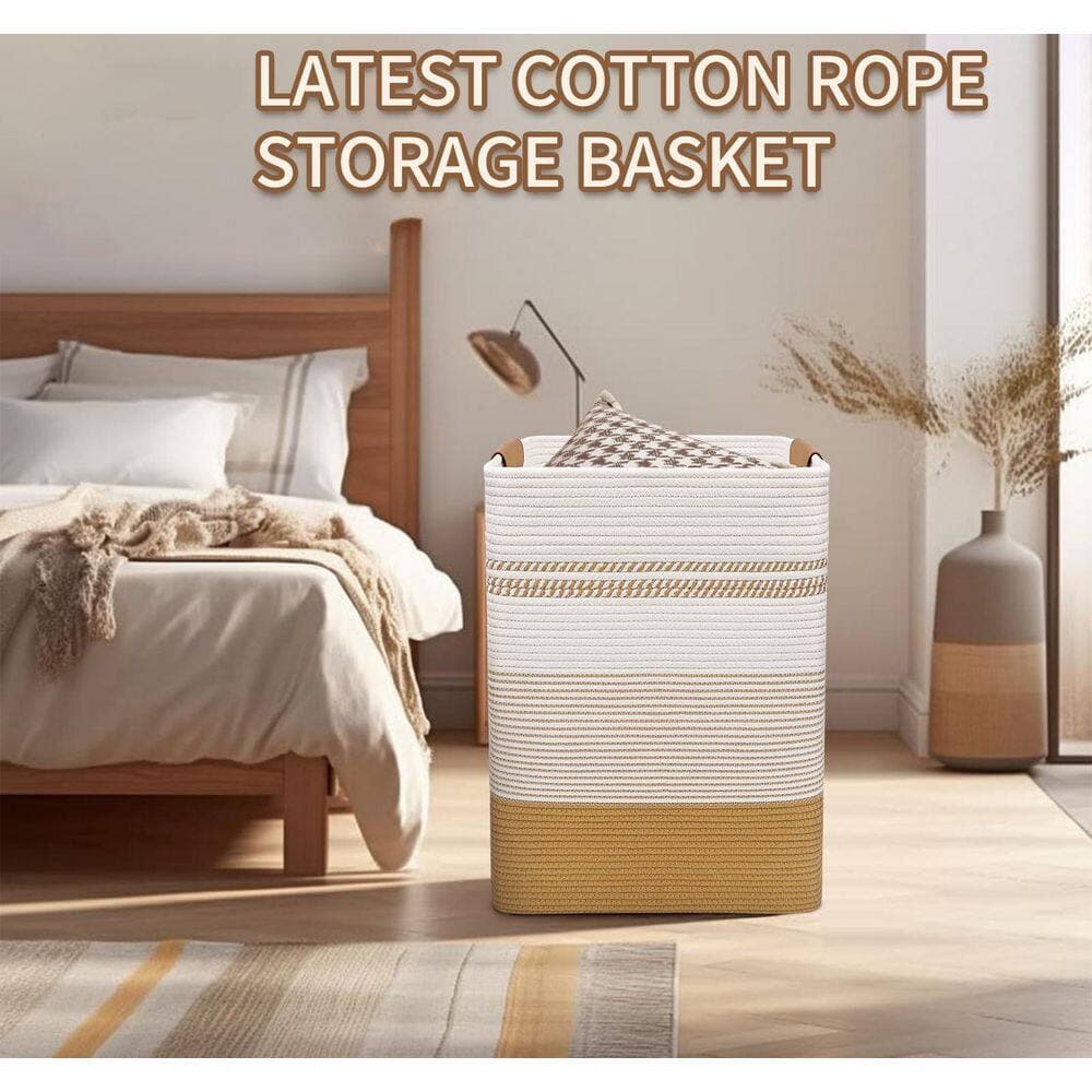 Wudkey 85L Jute and White Cotton Rope Woven Bathroom Laundry Hamper with Leather Handles for Dirty Bath Clothes Towels (3)