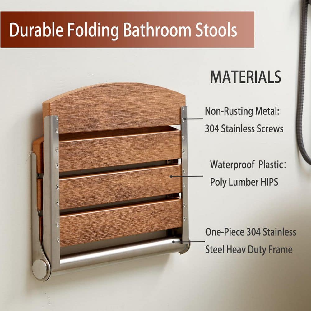 Wudkey 17.5 in. Wall Mounted HDPS Plastic Wood Fold Down Shower Seat, Foldable Shower Bench in Teak for Inside Shower (3)