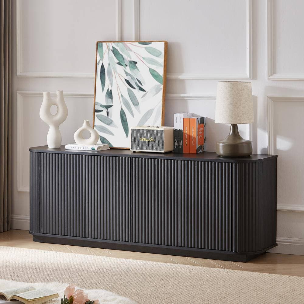 Unbranded 64 in. W x 15 in. D x 24 in. H Black Wood Linen Cabinet with Wave Pattern, Vertical Striped and 4-Doors (2)
