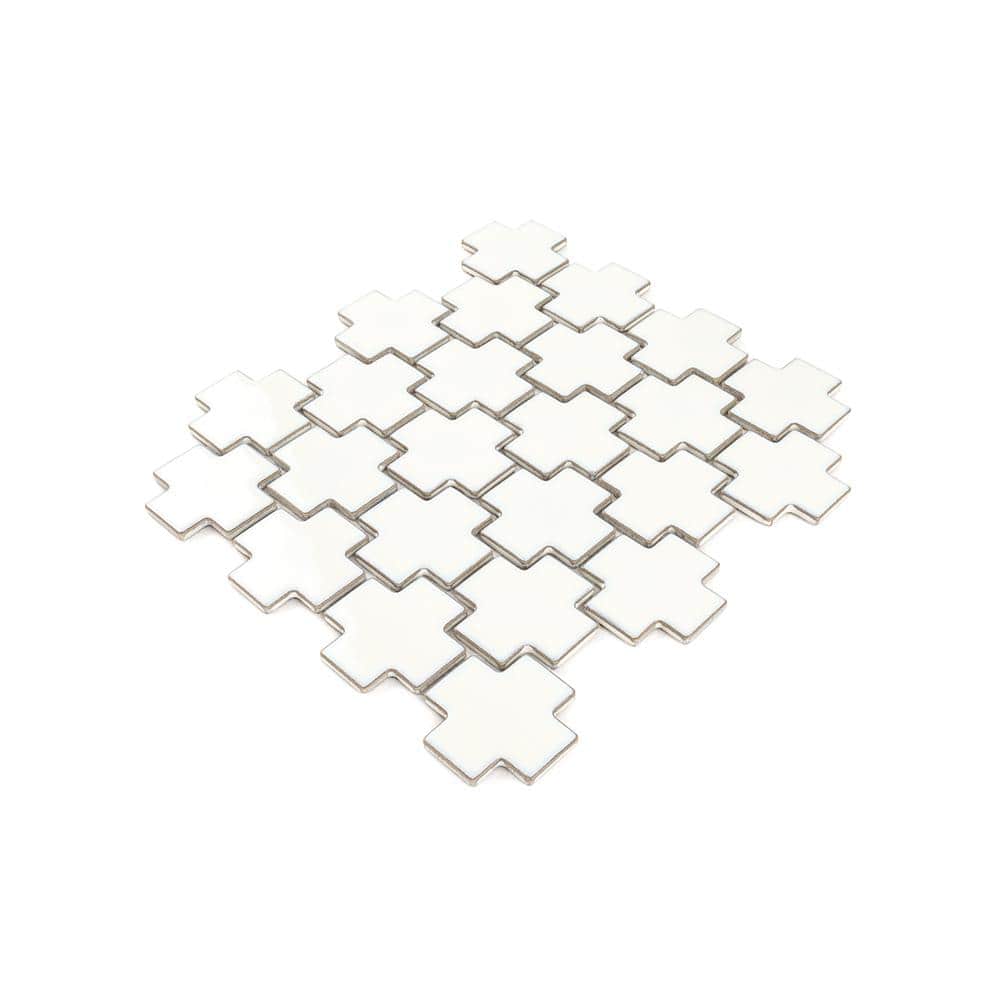 Jeffrey Court Swiss Frost Off-White 9.5 in. x 10.875 in. Cross Glossy Porcelain Wall and Floor Mosaic Tile (0.717 sq. ft. /Each) (4)