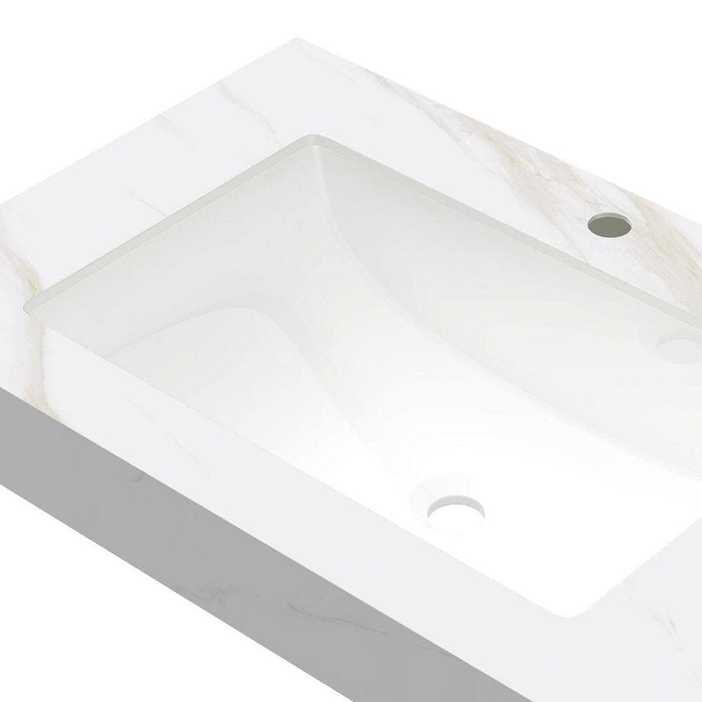 LIVACA 30 in. 20 in. Drop-In Bathroom Sink in Carrara White Sintered Stone and Ceramic with Pre-Drilled Faucet Hole (3)