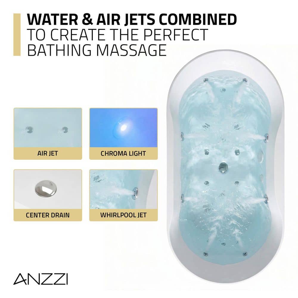 ANZZI 67 in. x 32 in. Combination Bathtub with Center Drain in White Acrylic With Touch Controls And Chroma Lights (3)