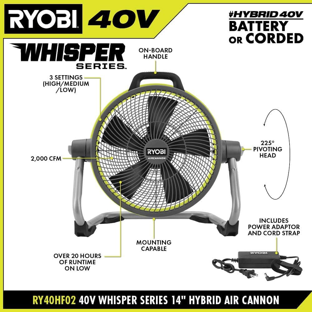 RYOBI 40V 14 in. Cordless Hybrid WHISPER SERIES Air Cannon Fan (Tool Only) (3)