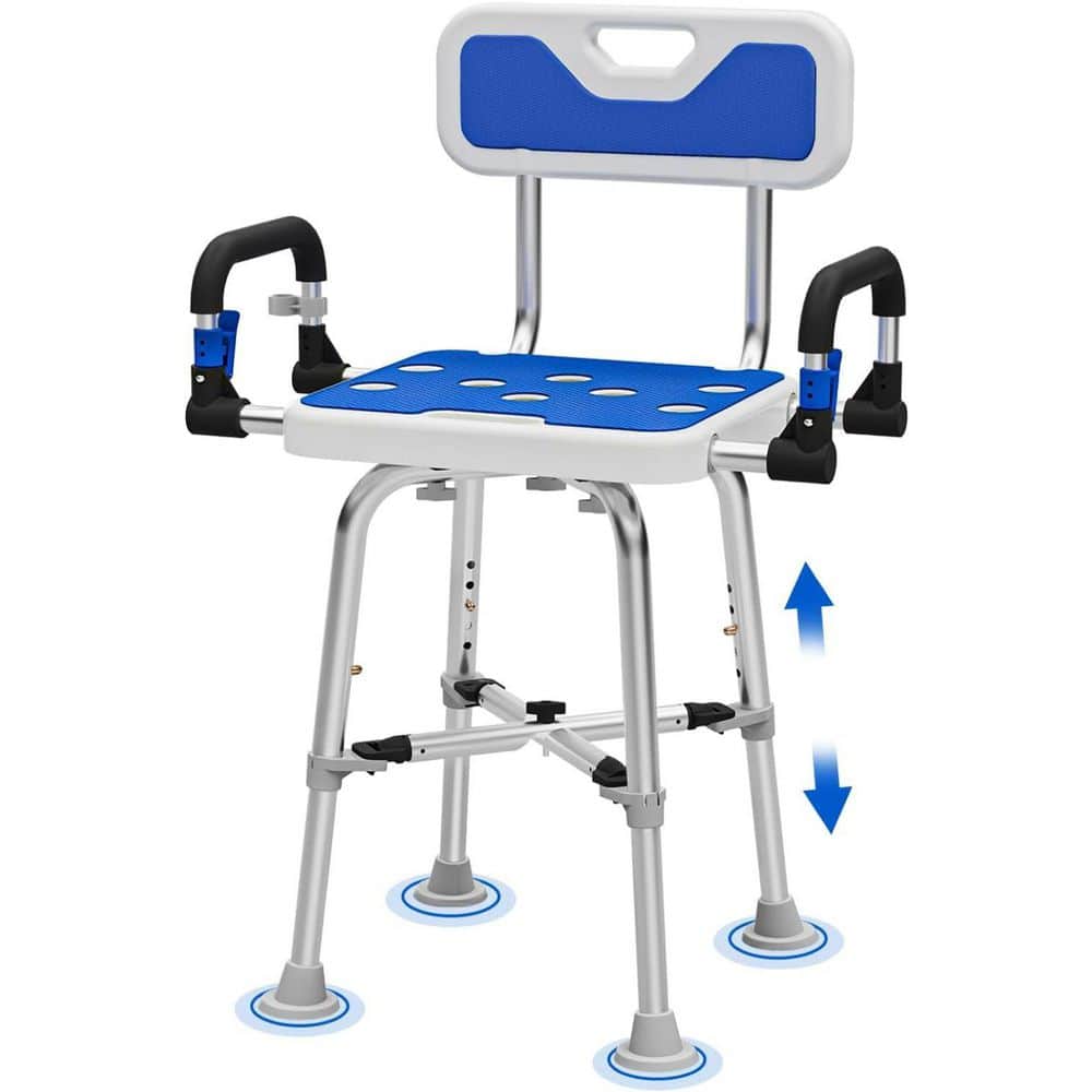 Anqtovp 20 in. W Freestanding Padded Seat, Foldable Arms and Back, Adjustable Height Shower Chair in Blue (1)
