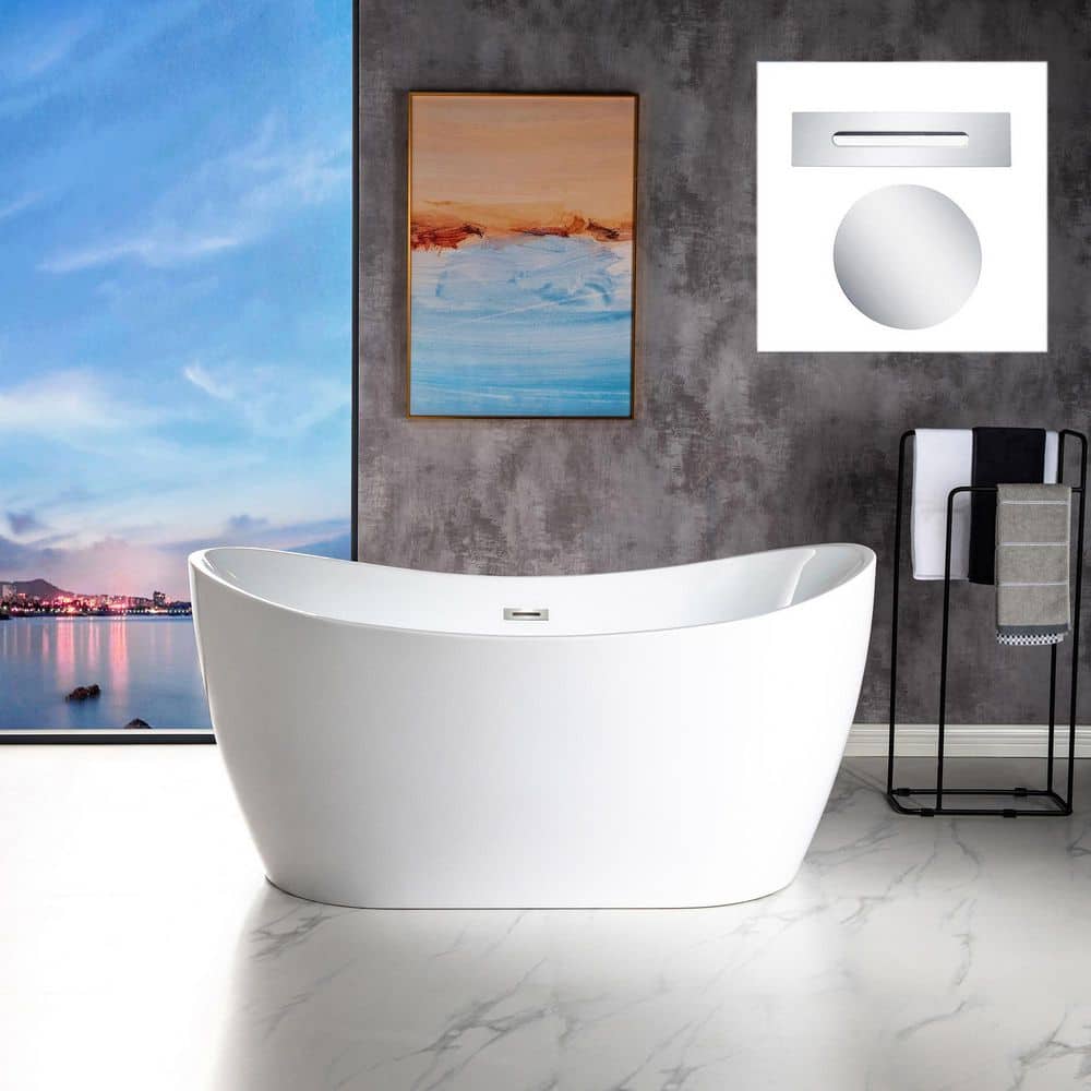 WOODBRIDGE Hamilton Acrylic FlatBottom Double Slipper Bathtub with Brushed Nickel Overflow and Drain Included White (1)