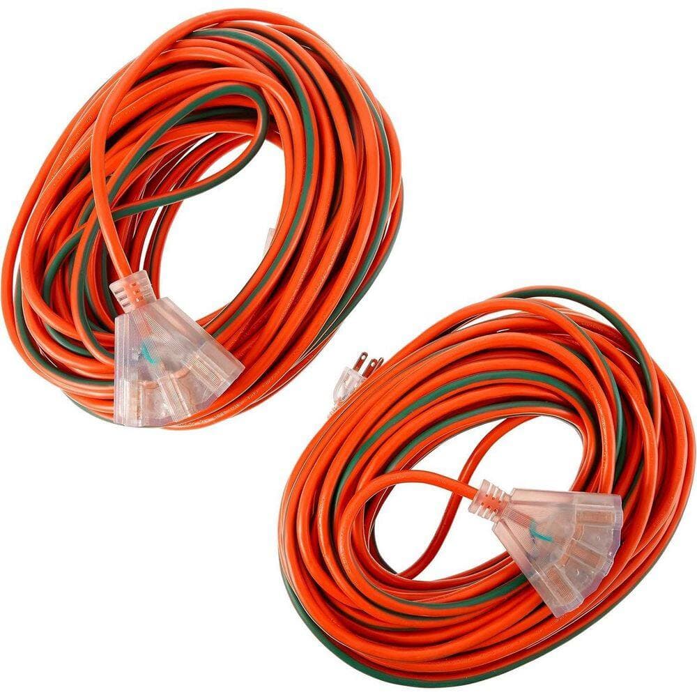 GoGreen Power 100 ft. 14/3 3-Outlet Indoor/Outdoor Heavy-Duty Extension Cord, Orange (2-Pack) (2)