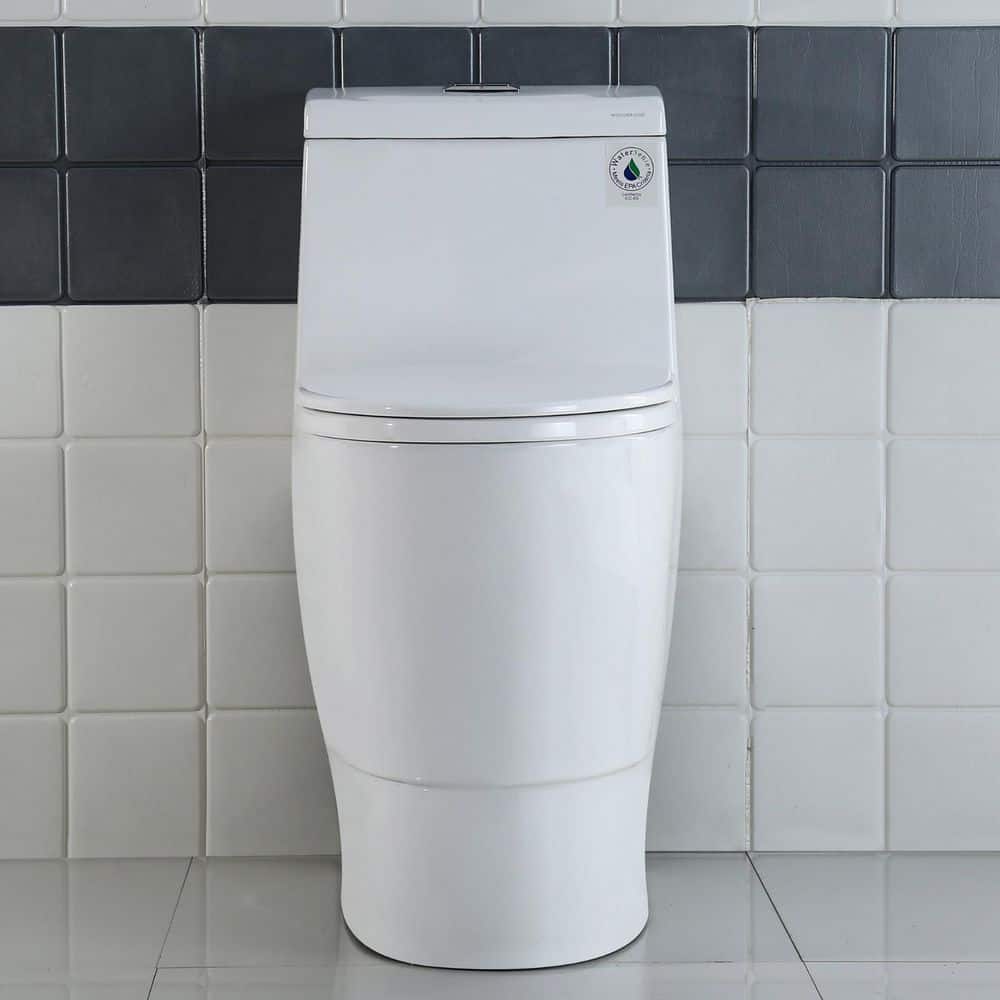 WOODBRIDGE 12 in. 1-Piece 1.0/1.28 GPF Dual Flush Elongated Toilet in White with Convenient 20 in. Tall Bowl and Soft Closing Seat