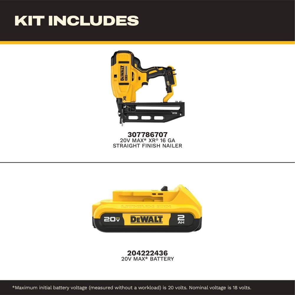 DEWALT 20V MAX Lithium-Ion Cordless XR 16-Gauge Finish Nailer with 20V Maximum 2.0Ah Compact Lithium-Ion Battery (2)