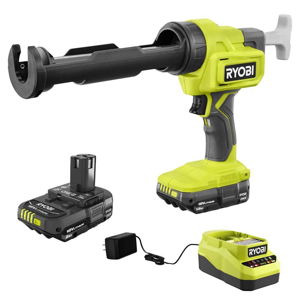 RYOBI ONE+ 18V Cordless 10 oz. Caulk & Adhesive Gun Kit with 1.5 Ah Battery and Charger with 2.0 Ah Battery