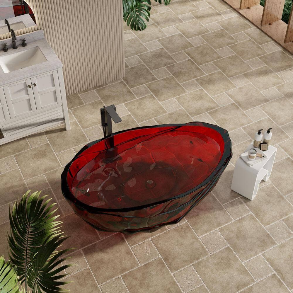 CASAINC 66.93 in. x 37.6 in. Flatbottom Resin Freestanding Soaking Bathtub with Center Drain in Transparent Red (3)