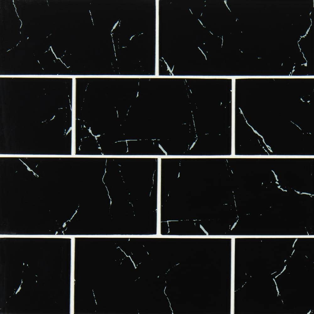 MSI Nero Marquina 3 in. x 6 in. Glass Subway Wall Tile (0.12 sq. ft./Each) (2)
