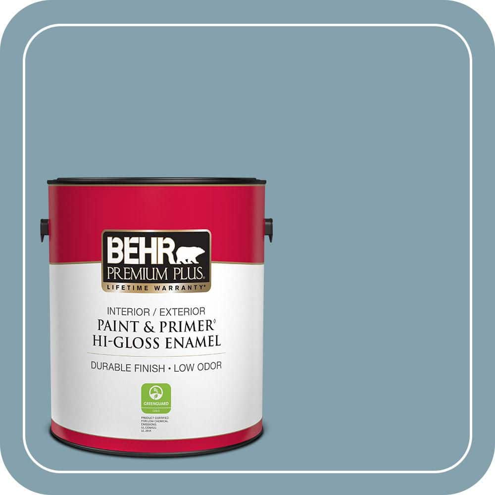BEHR PREMIUM PLUS 1 gal. #T14-14 Cloisonne Blue Hi-Gloss Enamel Interior/Exterior Paint & Primer