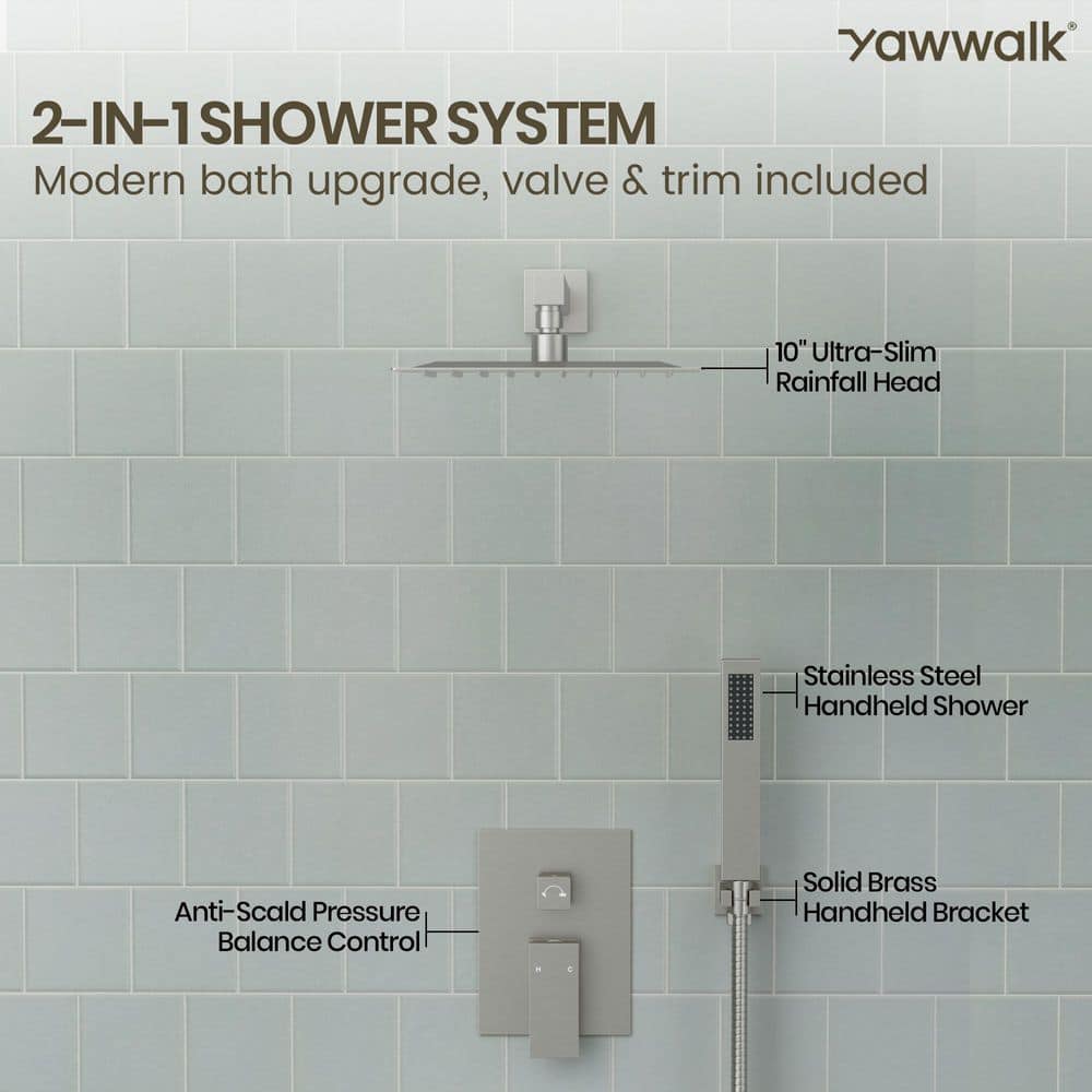 YAWWALK Double Handle 2-Spray Shower Faucet Square 10 in. Shower Head 5 GPM High Pressure (4)
